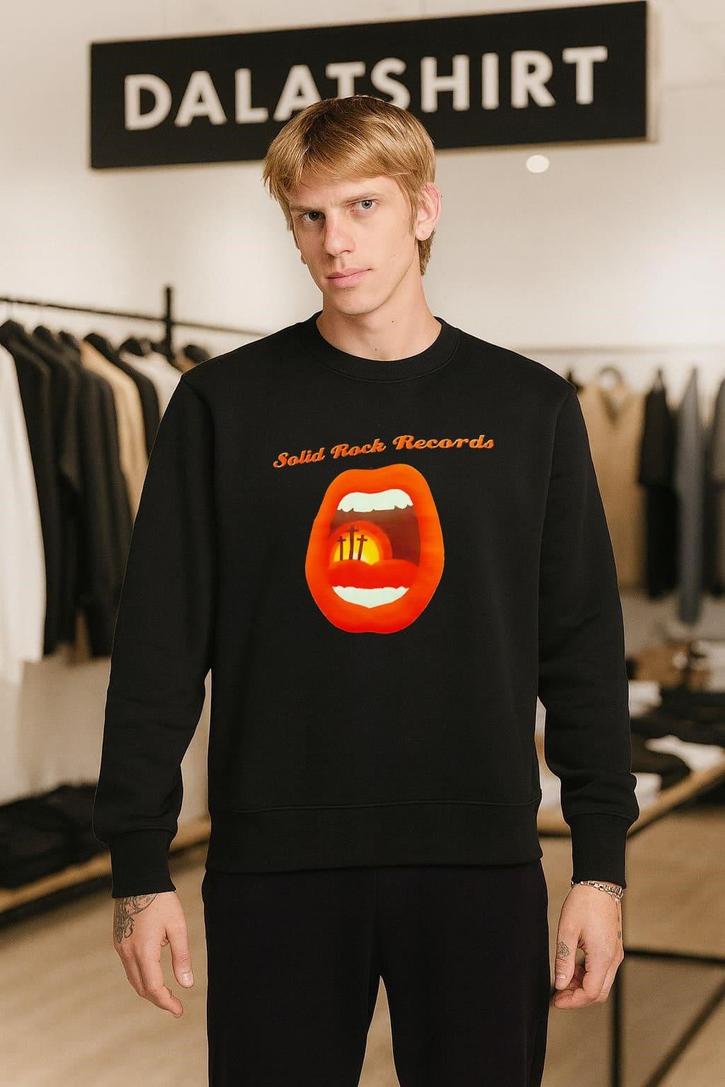 Solid Rock Records mouth with three crosses sunset shirt