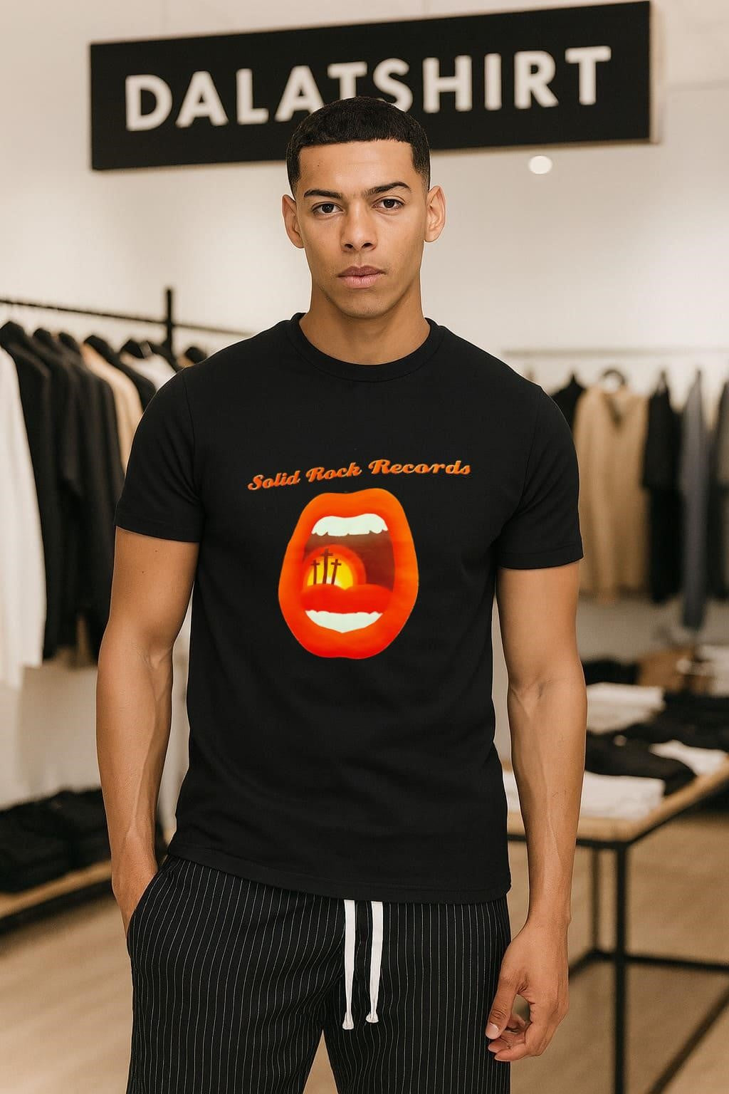 Solid Rock Records mouth with three crosses sunset shirt