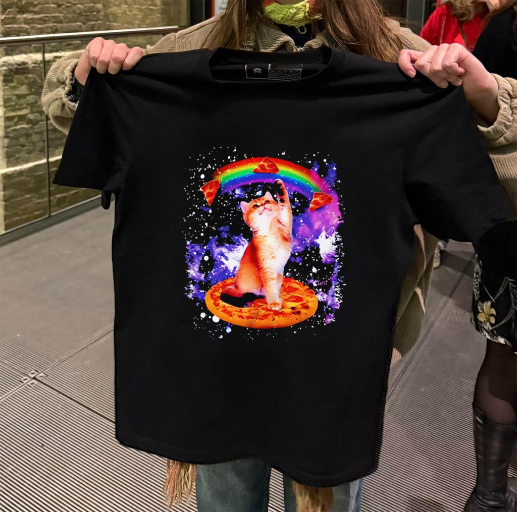 Space Galaxy Cat Rainbow Pizza Floating Slices shirt