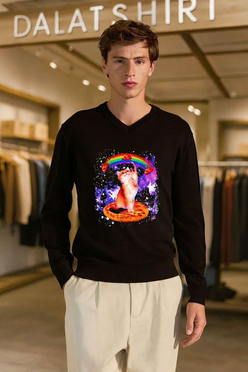 Space Galaxy Cat Rainbow Pizza Floating Slices shirt