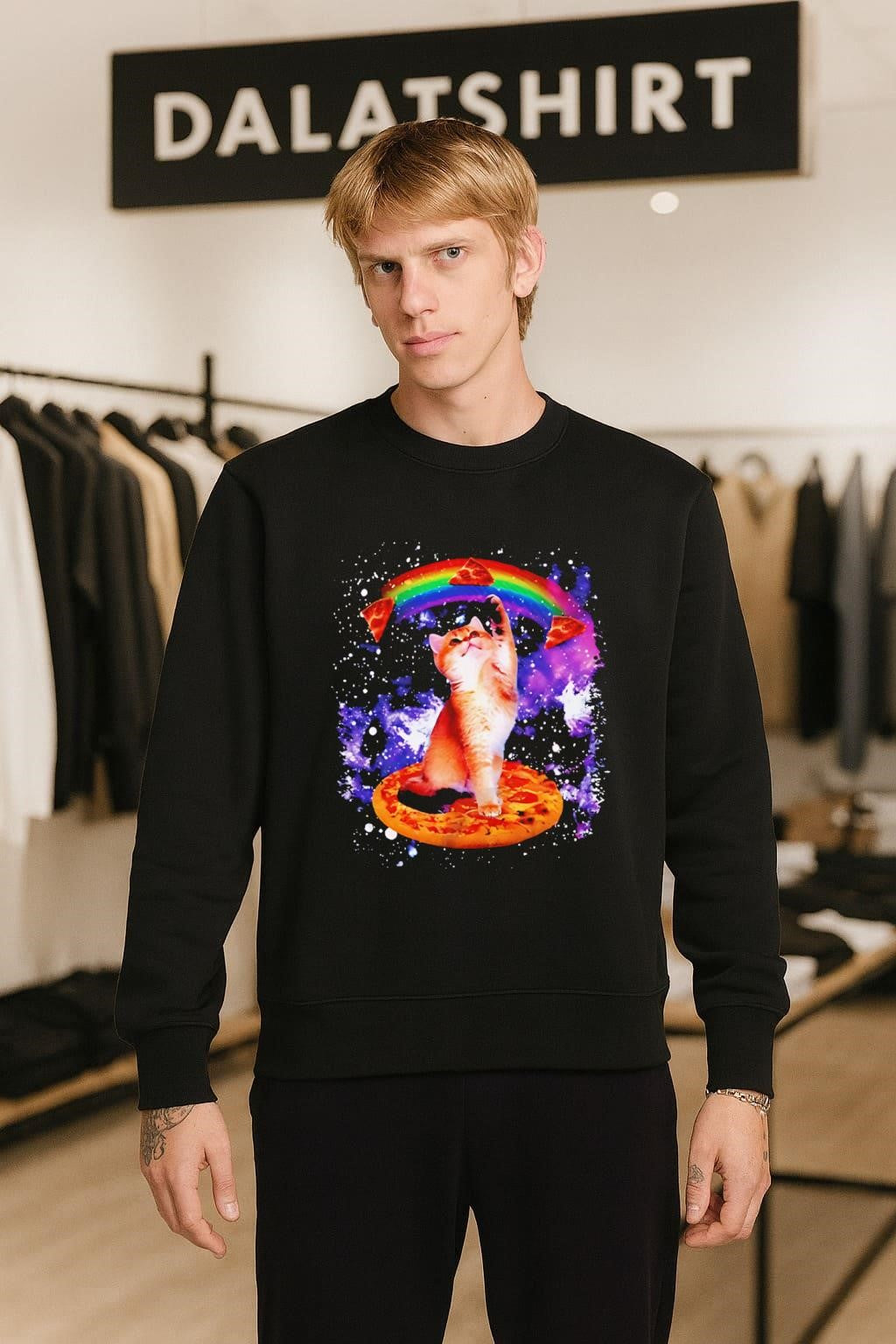 Space Galaxy Cat Rainbow Pizza Floating Slices shirt