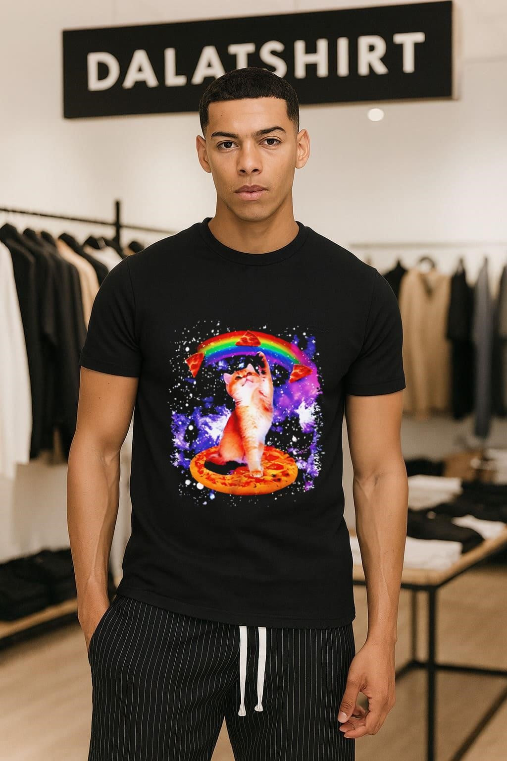 Space Galaxy Cat Rainbow Pizza Floating Slices shirt