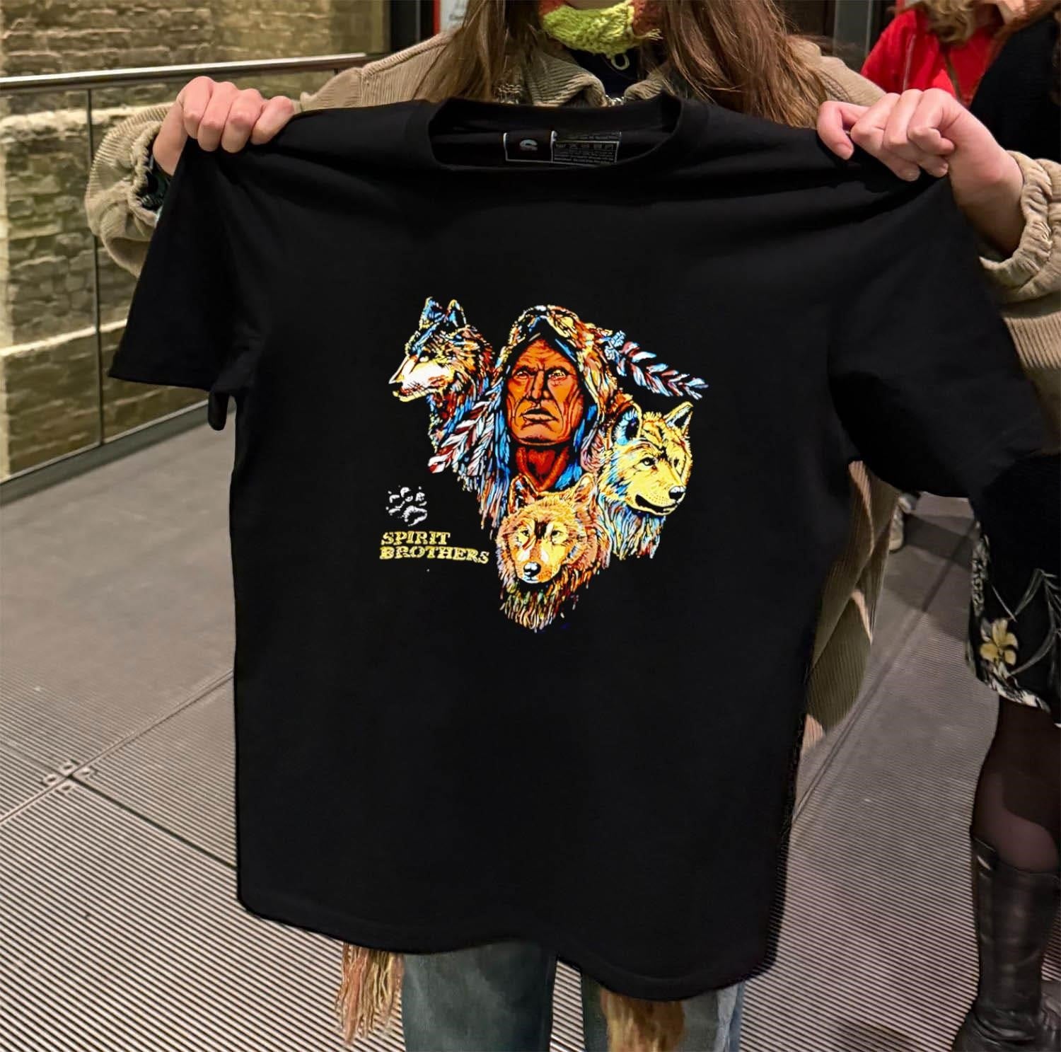 Spirit Brothers Native American Man and Three Wolves shirt