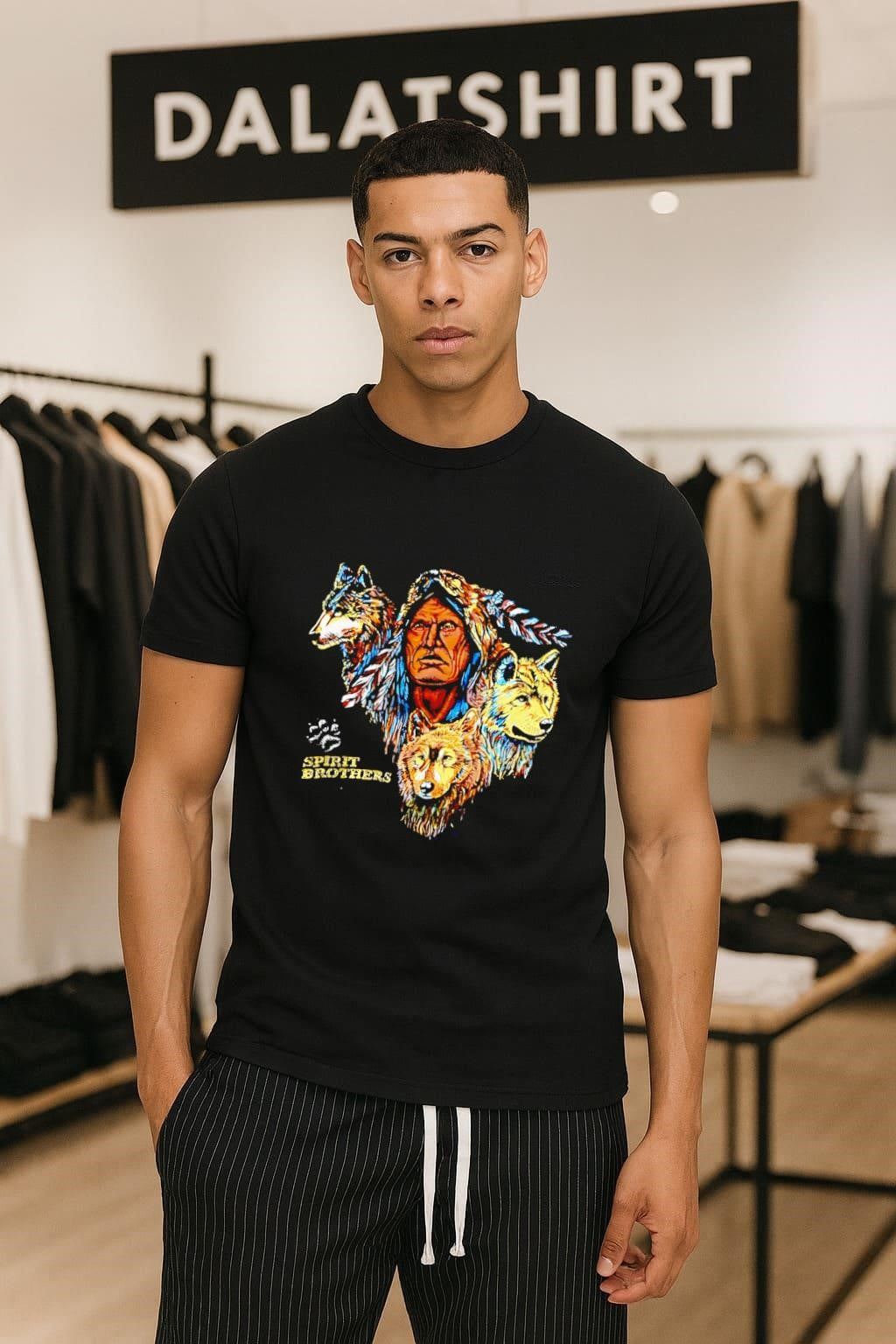 Spirit Brothers Native American Man and Three Wolves shirt