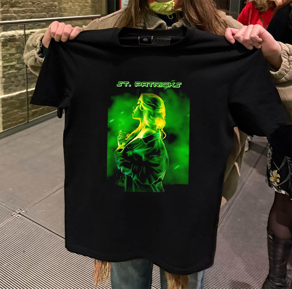 St. Patricks Day Woman Profile Green Neon Light Aesthetic shirt