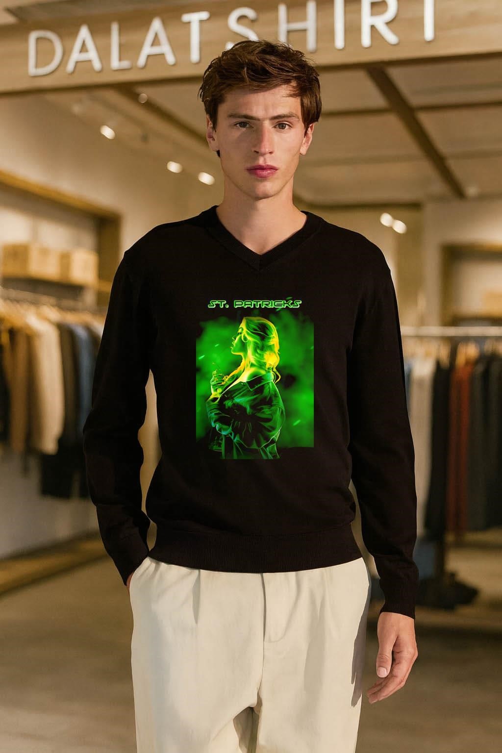 St. Patricks Day Woman Profile Green Neon Light Aesthetic shirt