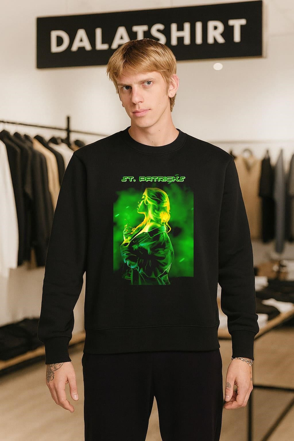 St. Patricks Day Woman Profile Green Neon Light Aesthetic shirt
