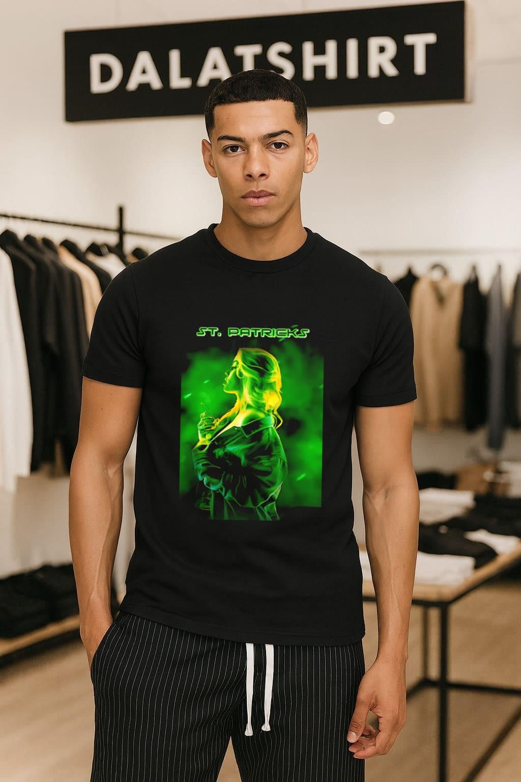 St. Patricks Day Woman Profile Green Neon Light Aesthetic shirt