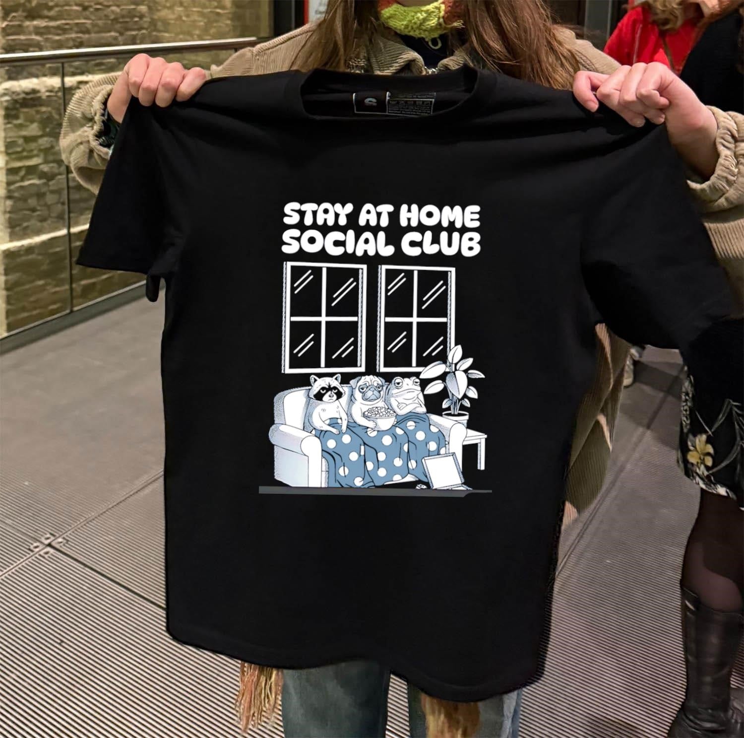 Stay At Home Social Club Raccoon Pug Frog On Sofa shirt