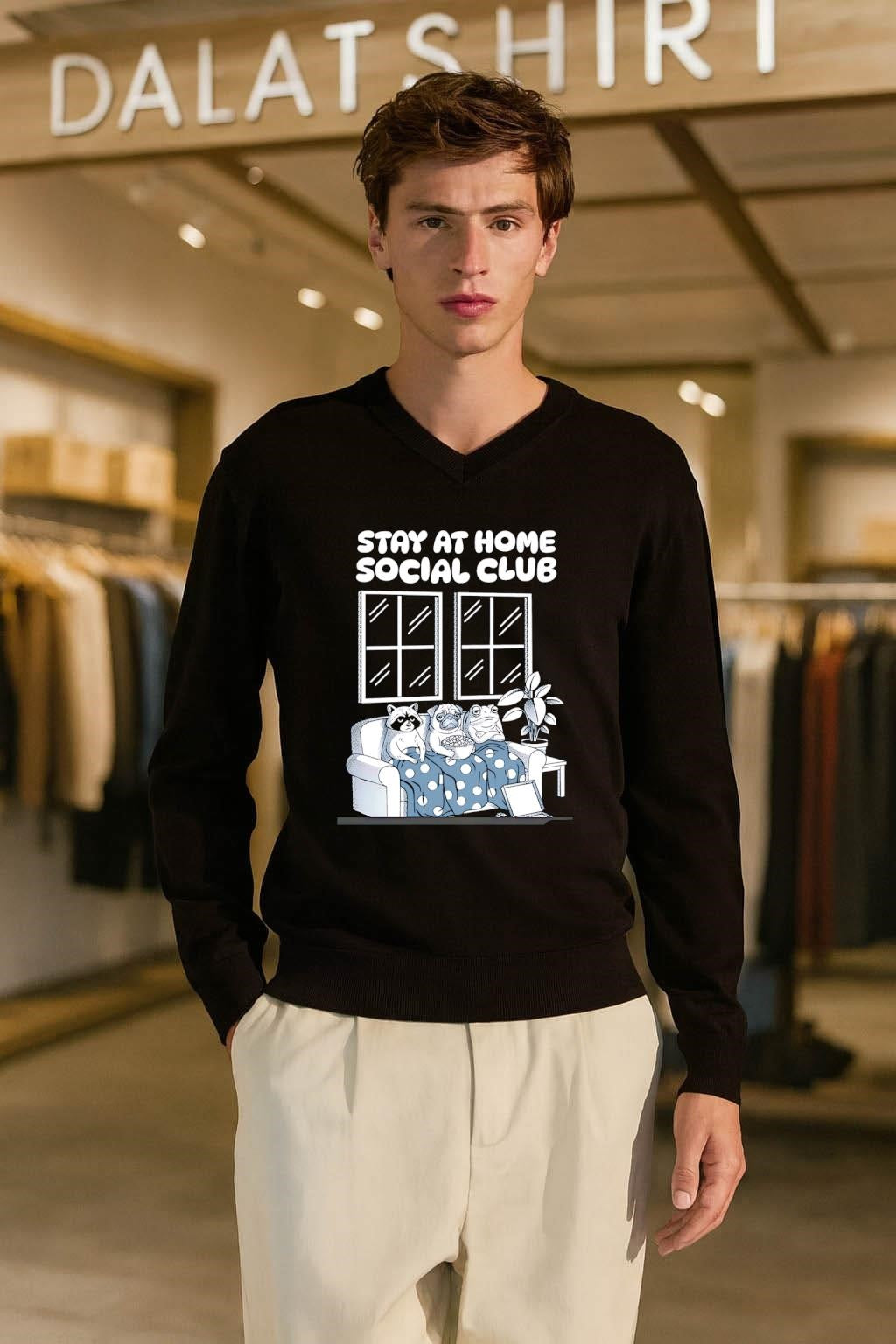 Stay At Home Social Club Raccoon Pug Frog On Sofa shirt