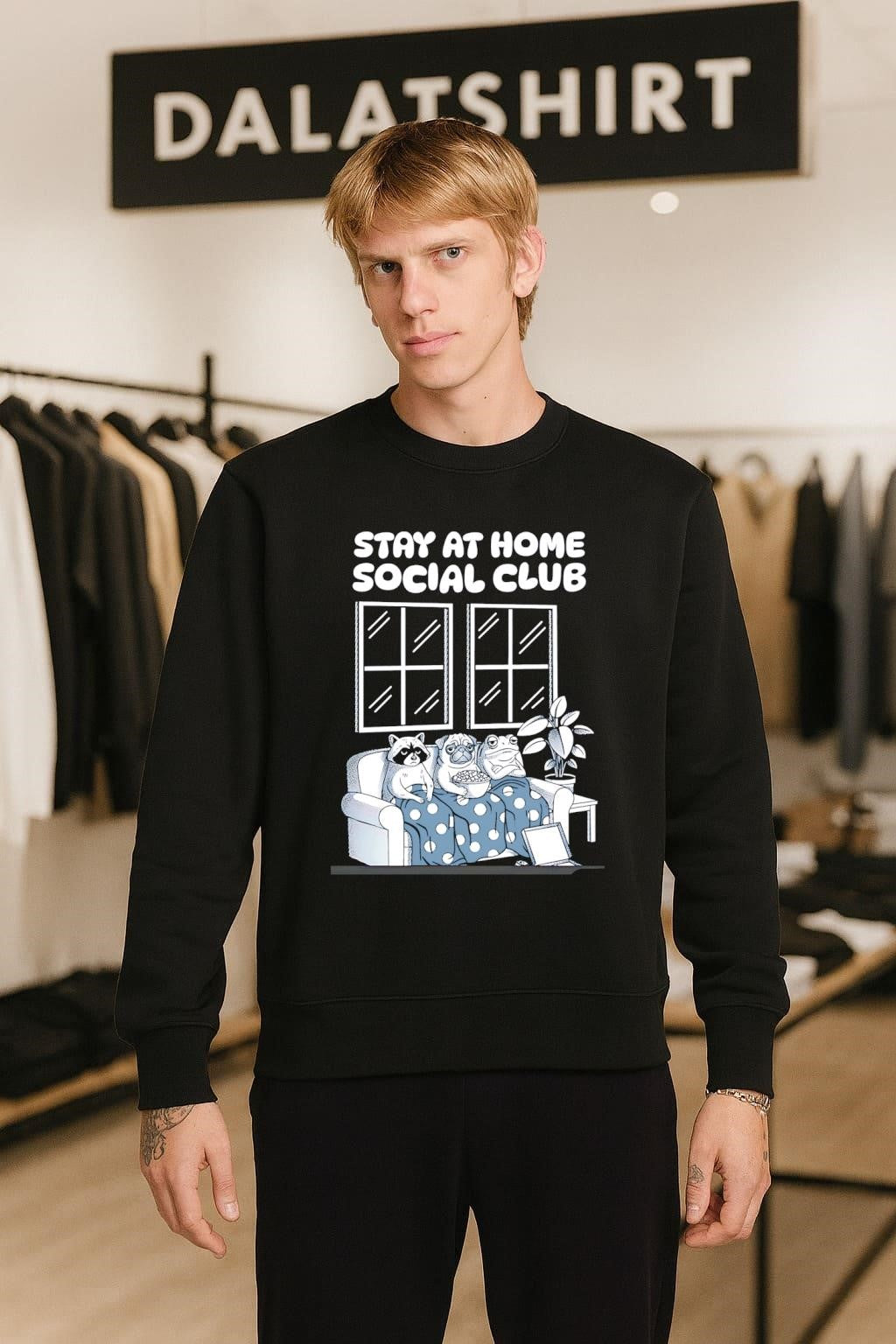 Stay At Home Social Club Raccoon Pug Frog On Sofa shirt
