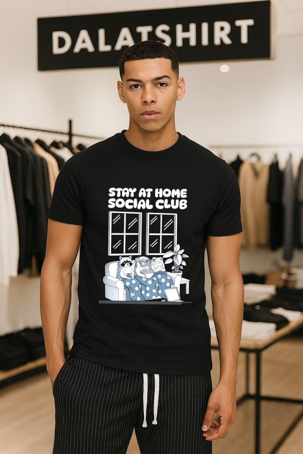 Stay At Home Social Club Raccoon Pug Frog On Sofa shirt