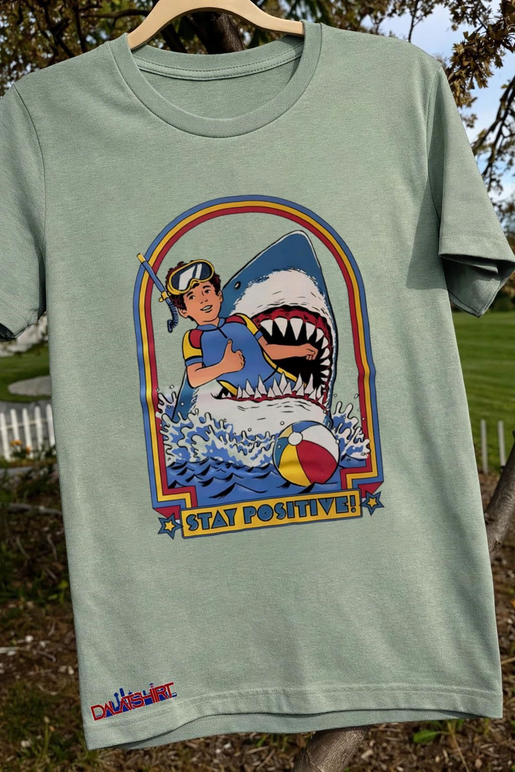 Stay Positive Scuba Boy Inside Great White Shark Mouth shirt