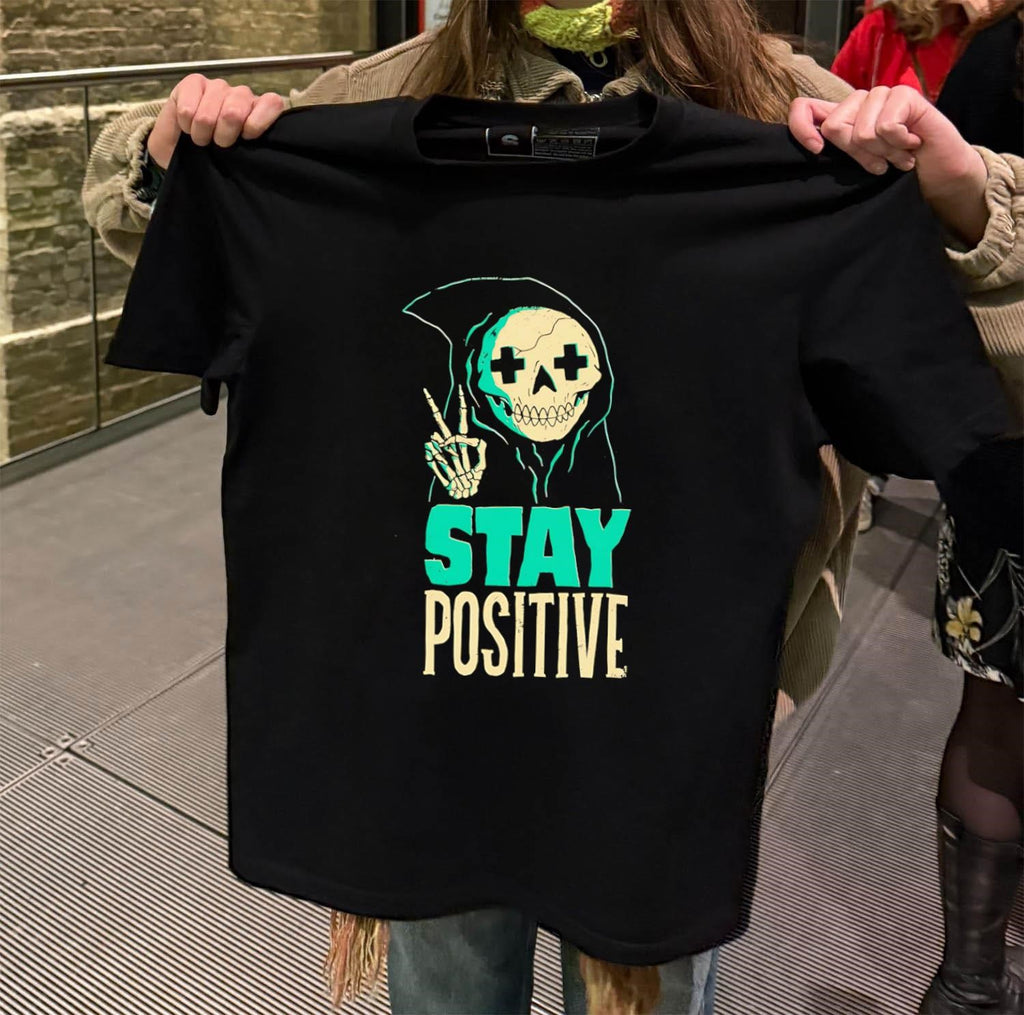 Stay Positive Skeleton Reaper Making Peace Sign Skeleton Hand Gesture shirt