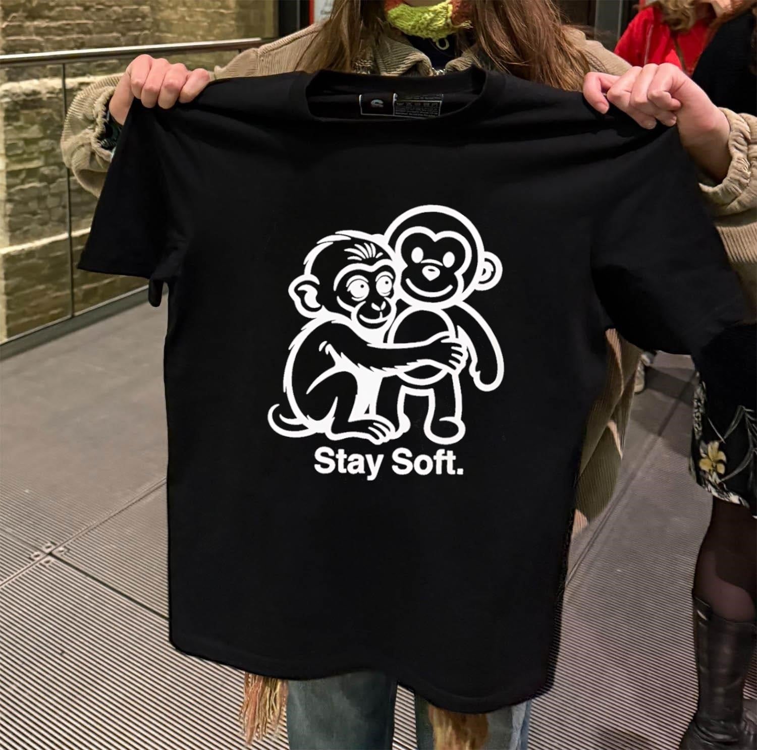 Stay Soft monkey hugging monkey white line art shirt