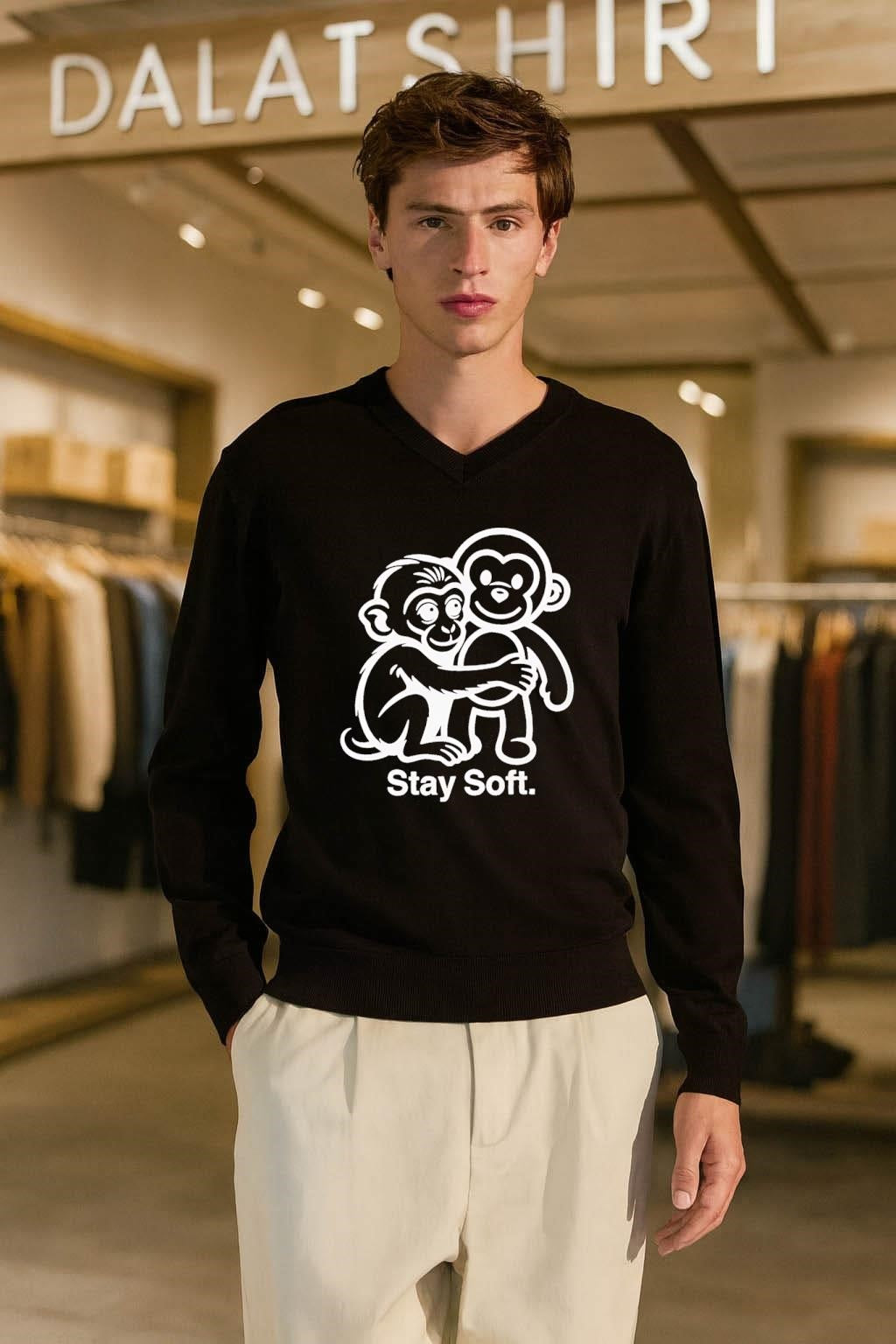 Stay Soft monkey hugging monkey white line art shirt