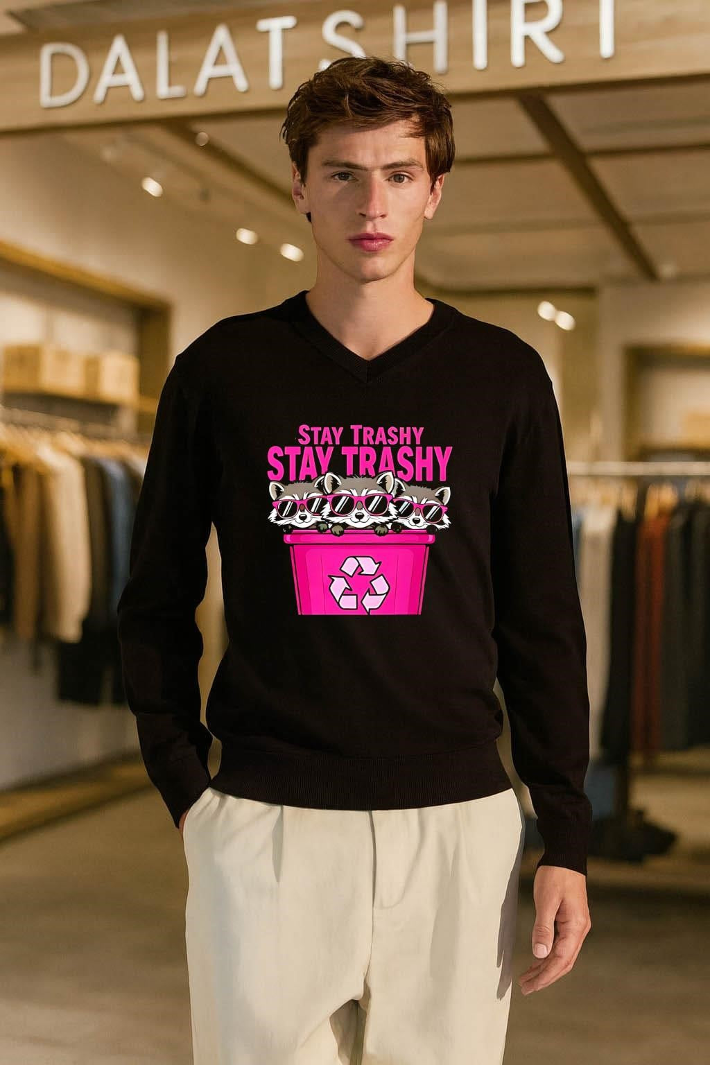 Stay Trashy Pink Sunglasses Raccoons Recycling Bin shirt