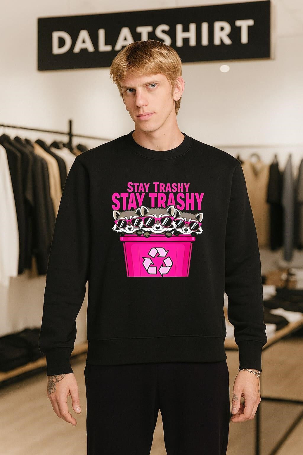Stay Trashy Pink Sunglasses Raccoons Recycling Bin shirt