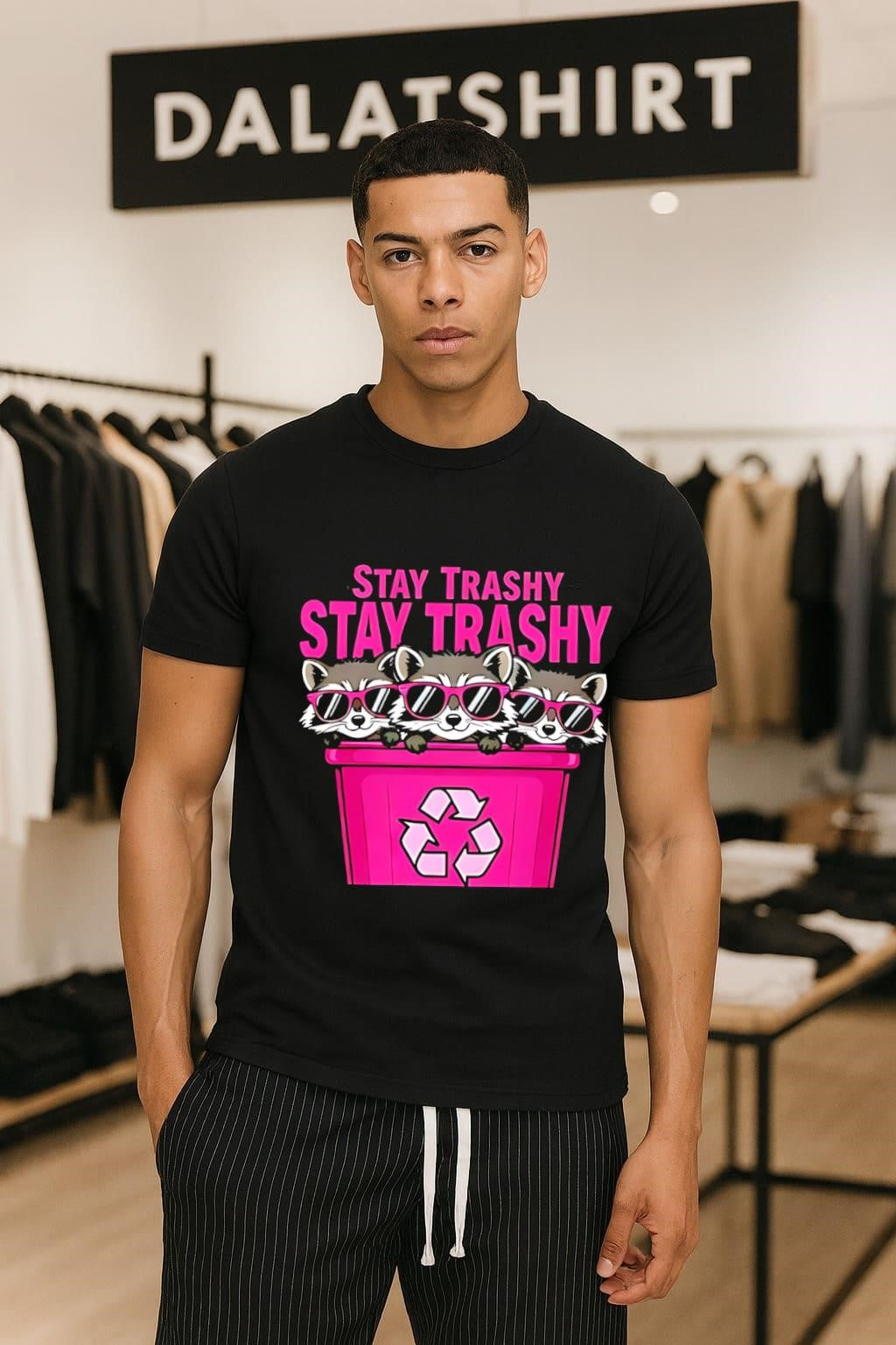 Stay Trashy Pink Sunglasses Raccoons Recycling Bin shirt