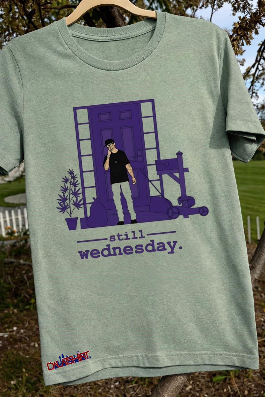 Still Wednesday Man Smoking In Front Of Purple House shirt