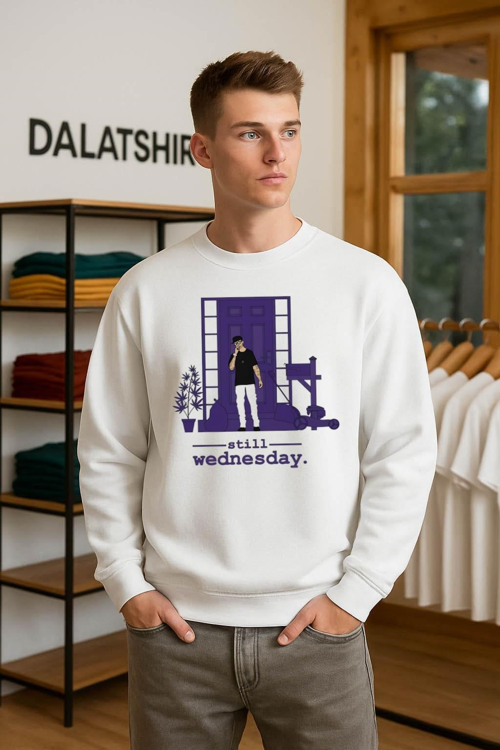 Still Wednesday Man Smoking In Front Of Purple House shirt