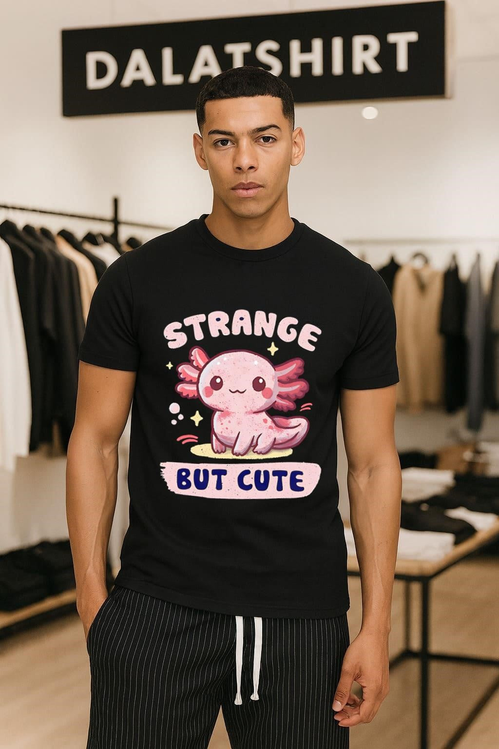 Strange But Cute Pink Axolotl Character Underwater Star shirt