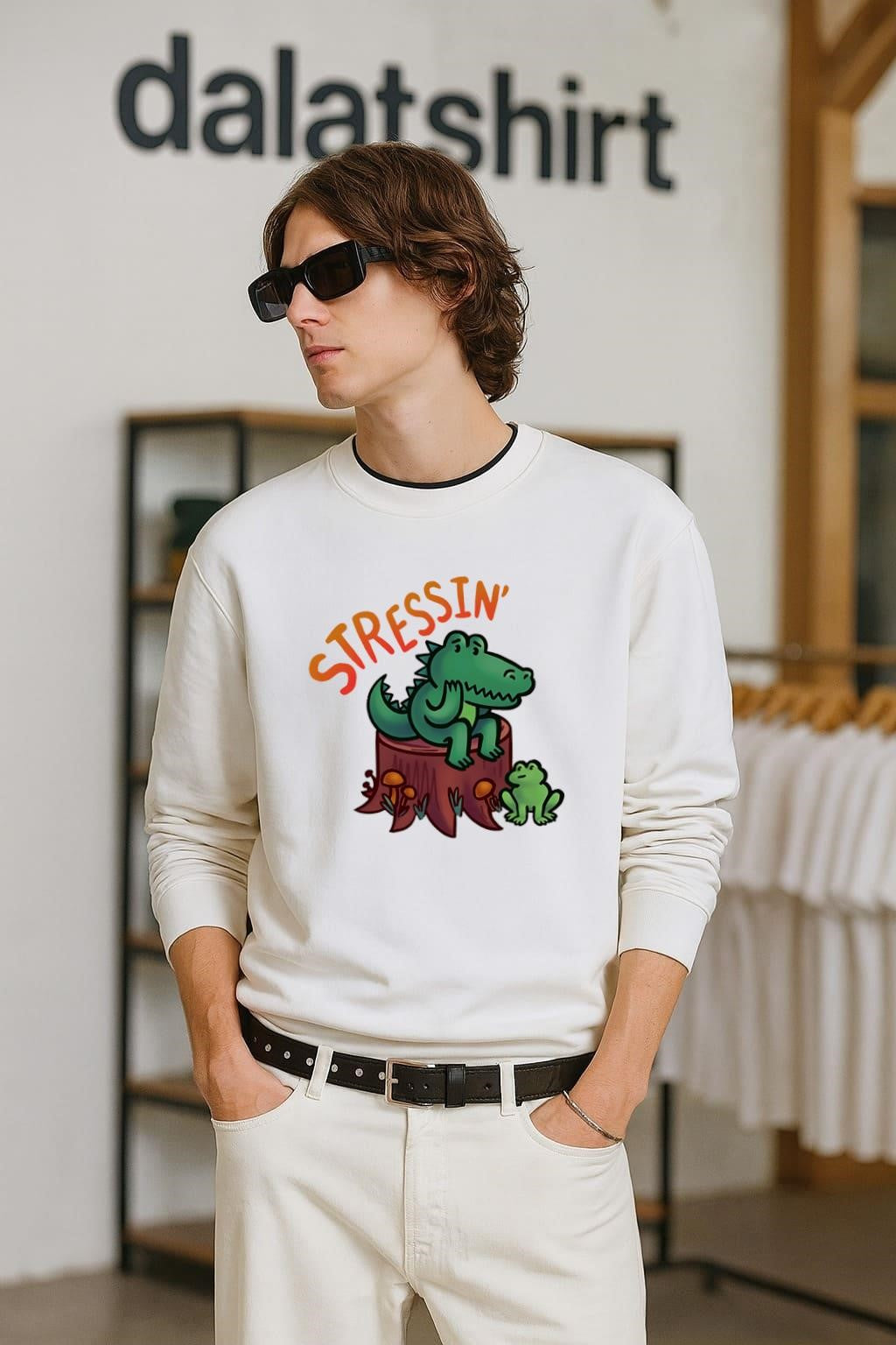 Stressin Crocodile and Frog on Tree Stump Cartoon shirt