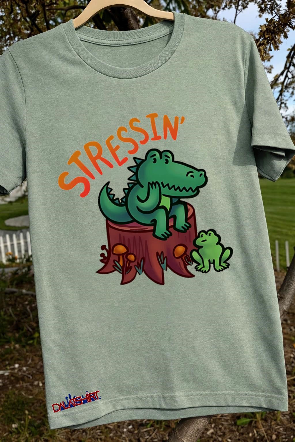 Stressin Crocodile and Frog on Tree Stump Cartoon shirt