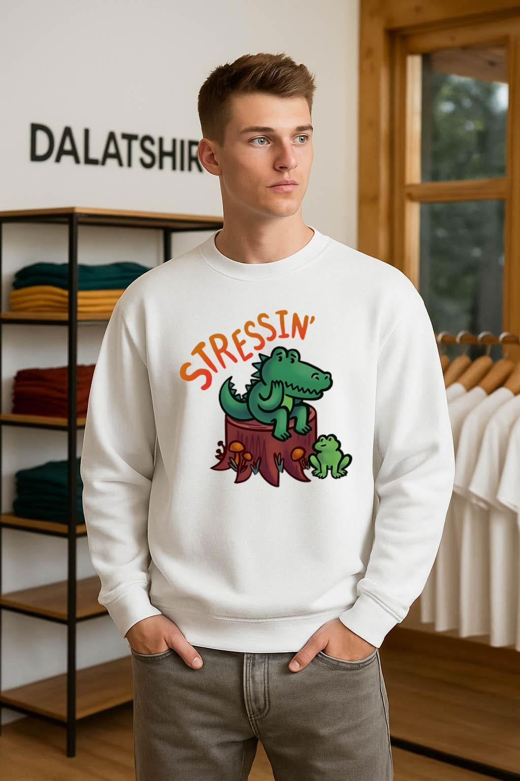 Stressin Crocodile and Frog on Tree Stump Cartoon shirt