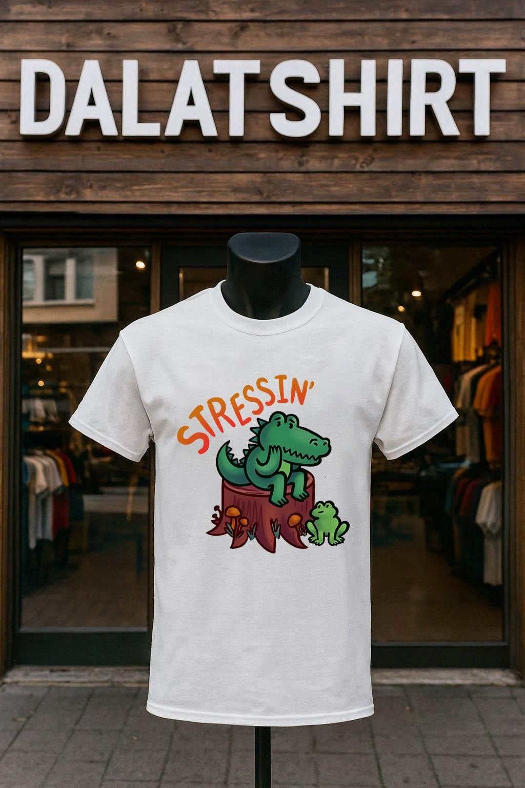 Stressin Crocodile and Frog on Tree Stump Cartoon shirt
