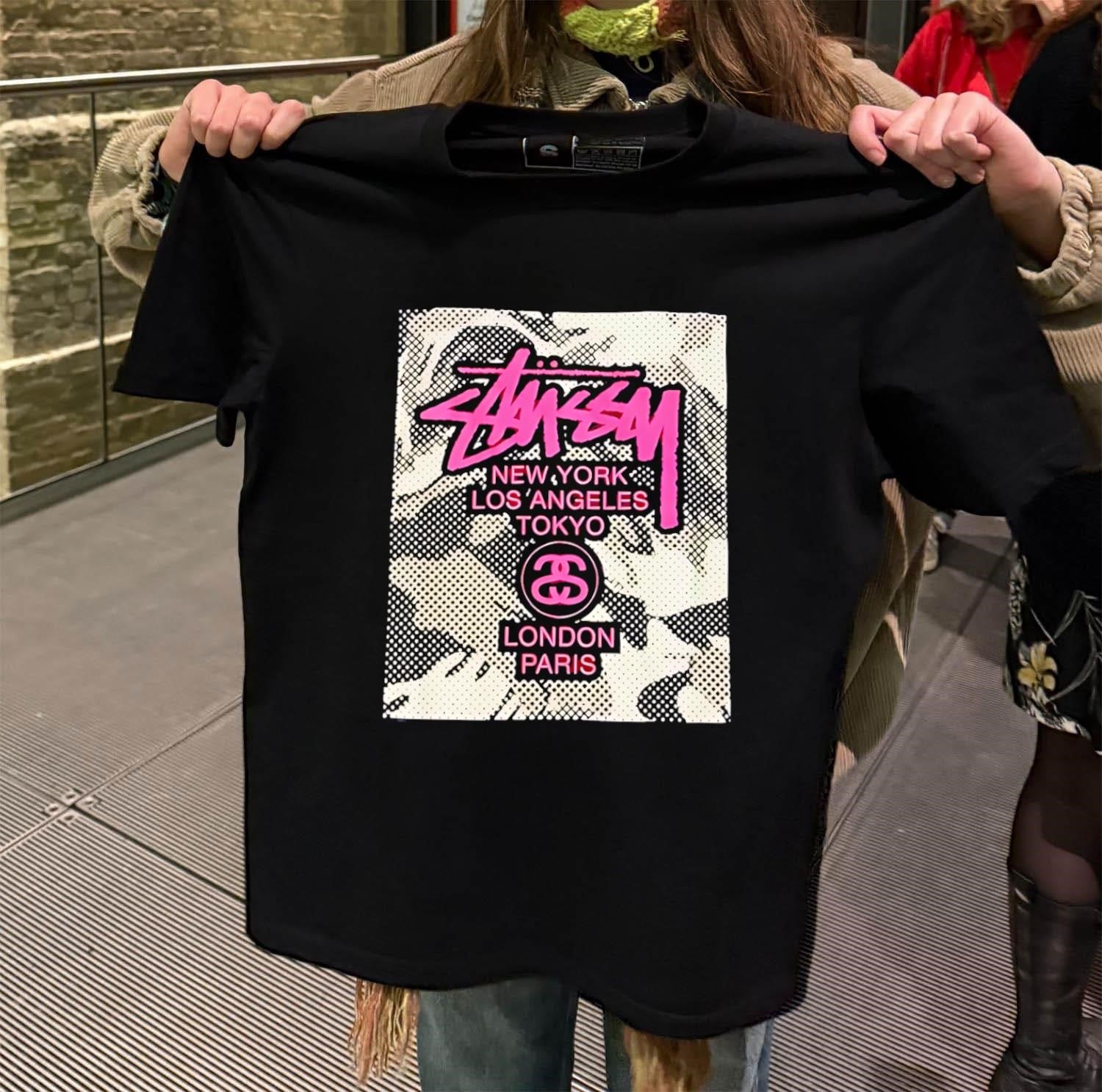 Stussy New York Los Angeles Tokyo London Paris Pink Graphic Logo shirt