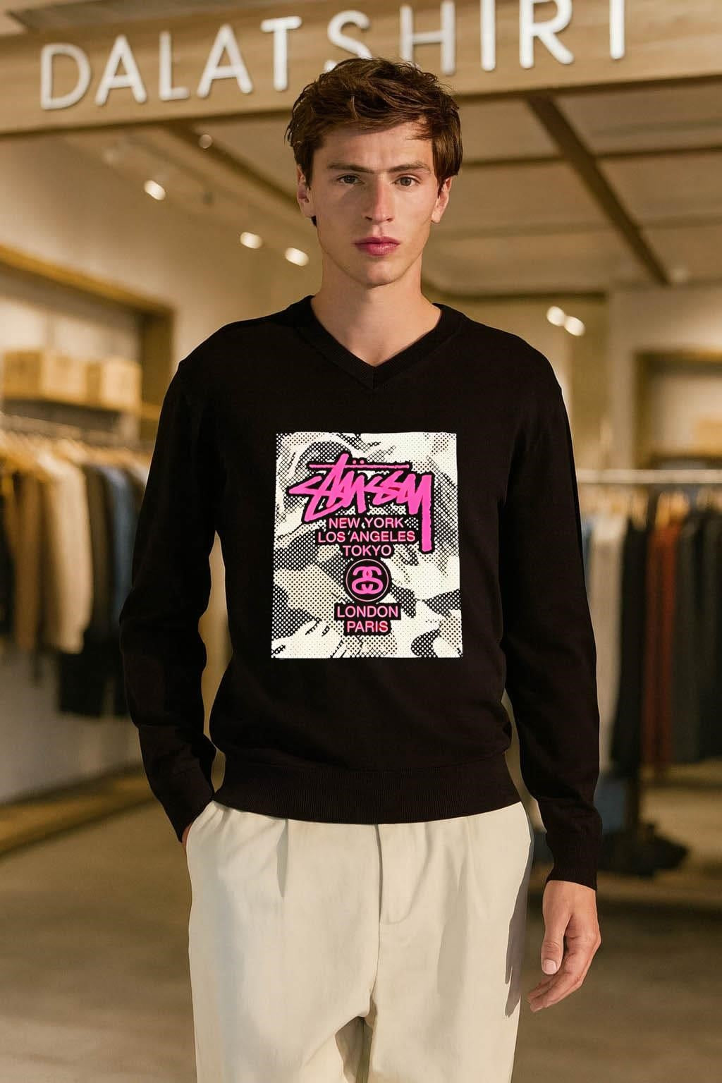 Stussy New York Los Angeles Tokyo London Paris Pink Graphic Logo shirt