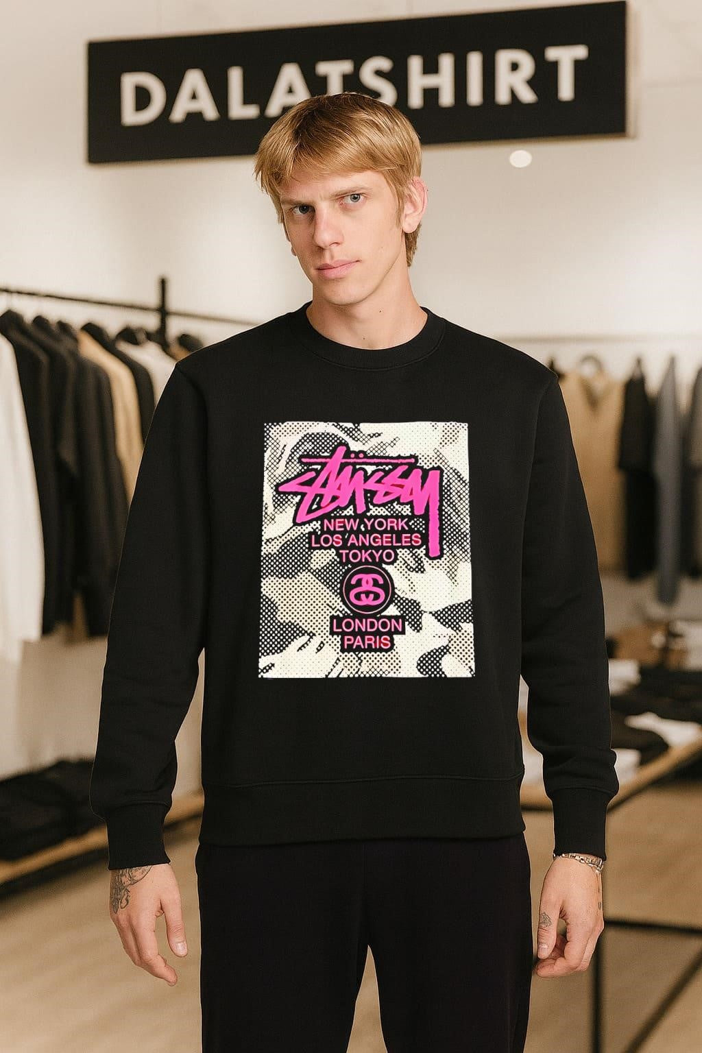 Stussy New York Los Angeles Tokyo London Paris Pink Graphic Logo shirt
