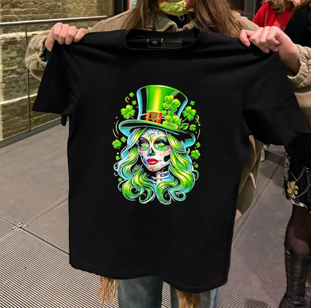 Sugar Skull Girl Wearing Green Top Hat Shamrocks shirt