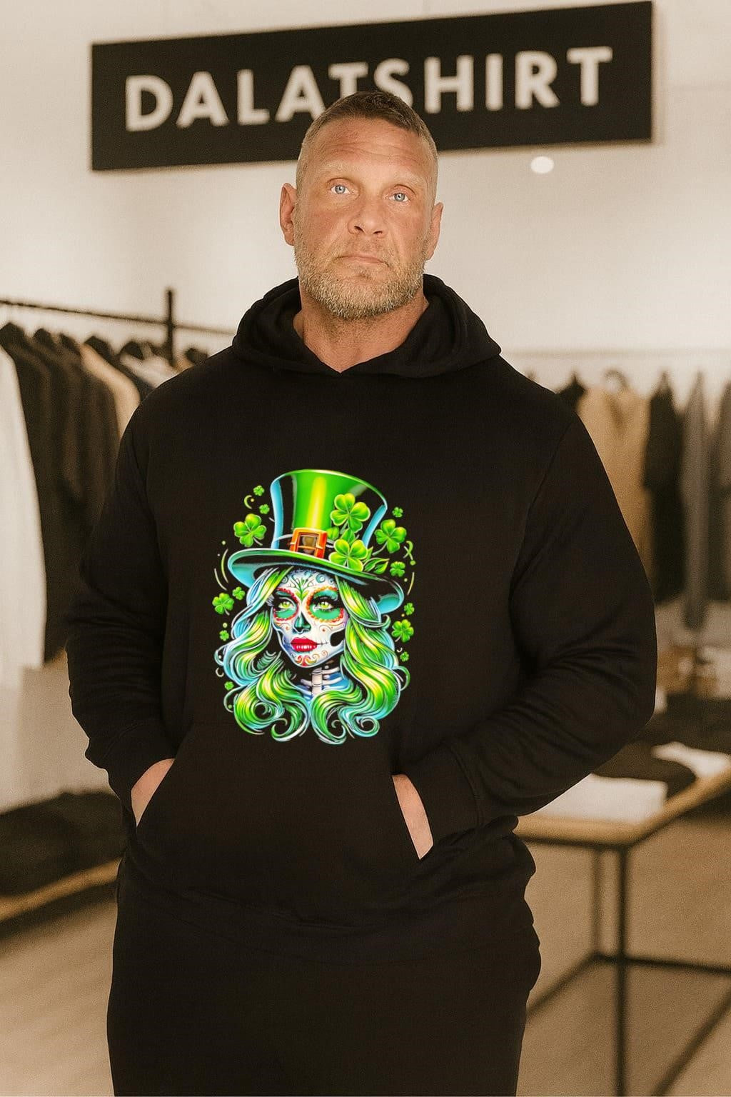 Sugar Skull Girl Wearing Green Top Hat Shamrocks shirt