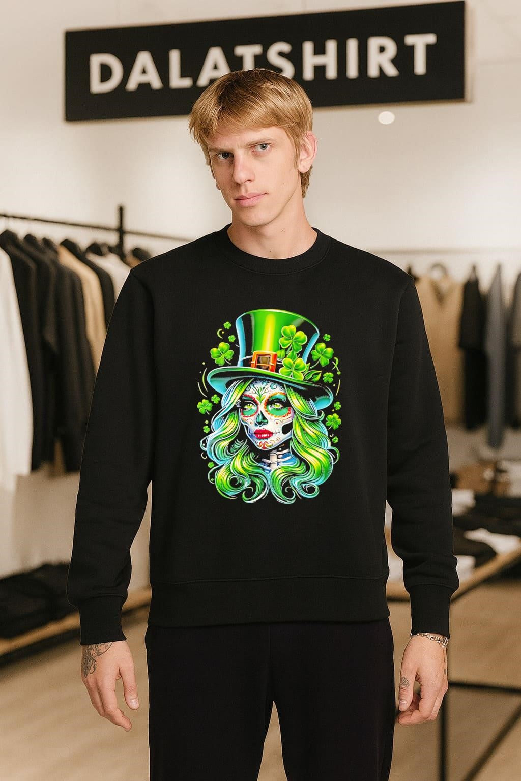 Sugar Skull Girl Wearing Green Top Hat Shamrocks shirt