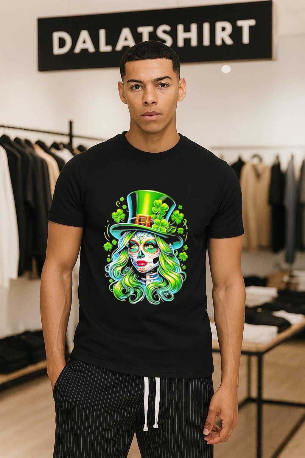 Sugar Skull Girl Wearing Green Top Hat Shamrocks shirt