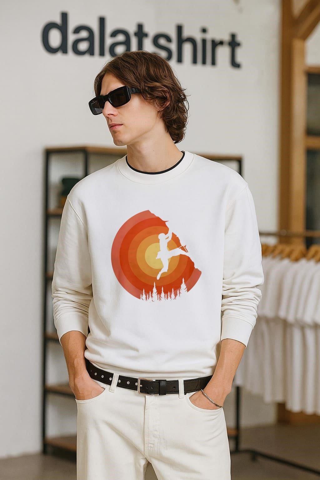 Sun Over Pines Rock Climber Silhouette shirt