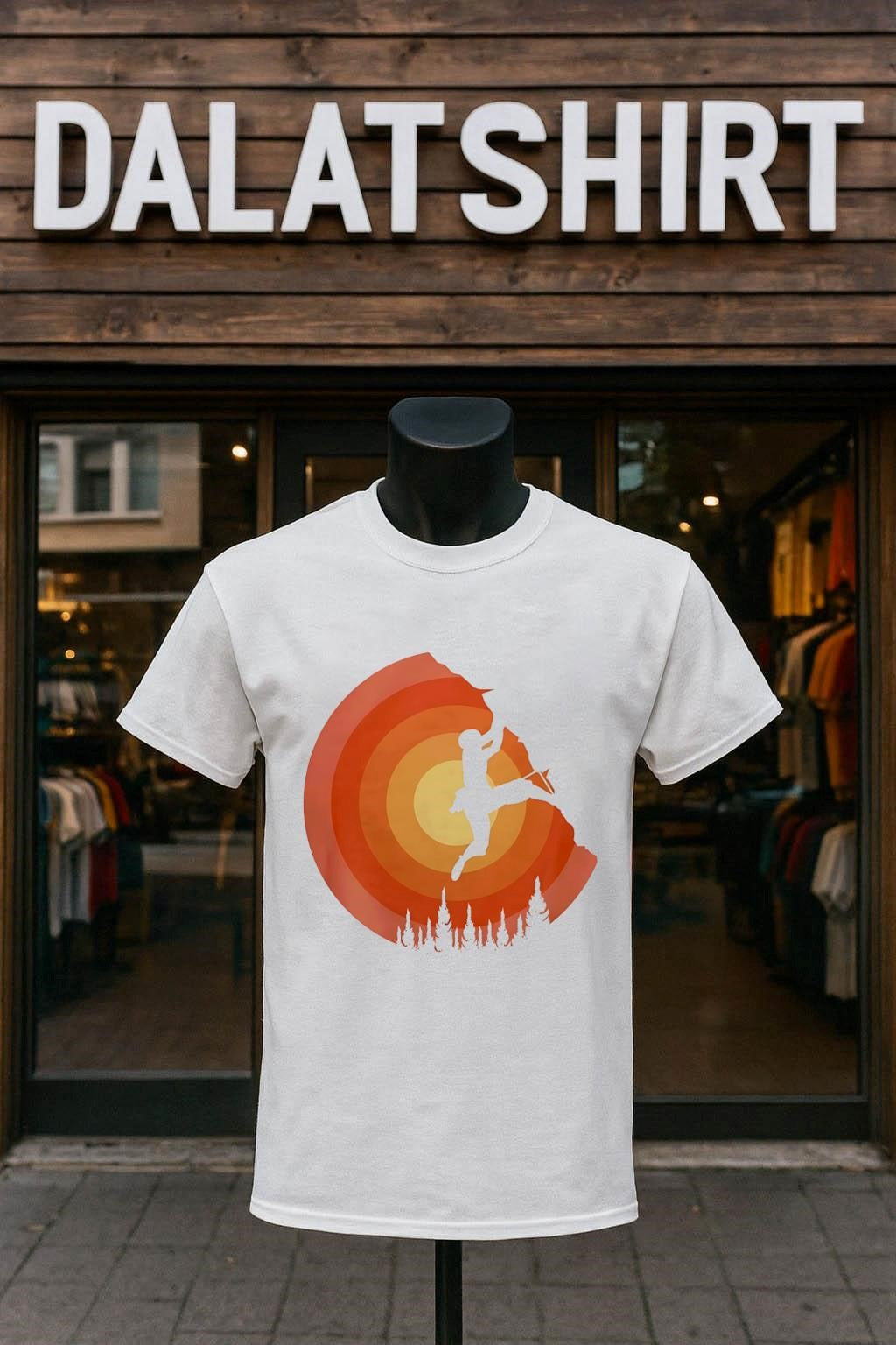 Sun Over Pines Rock Climber Silhouette shirt