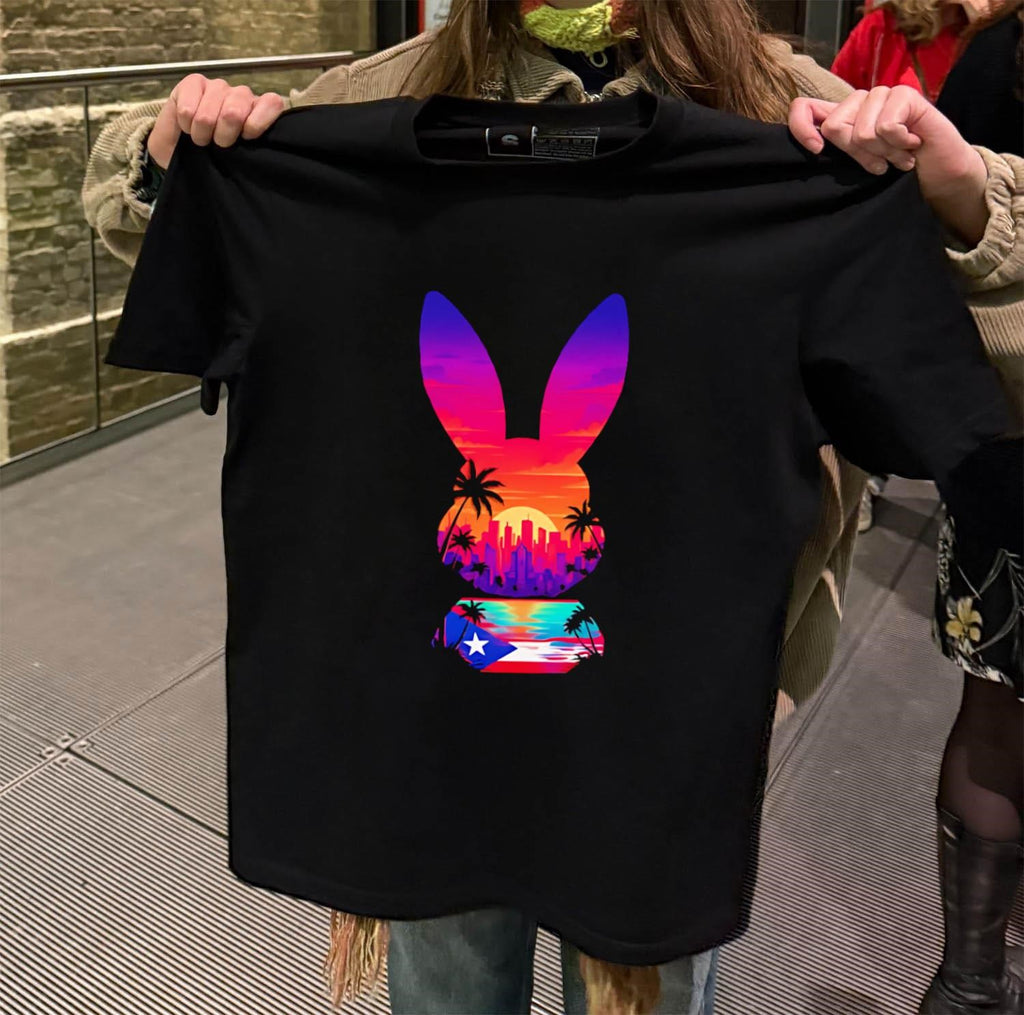 Sunset Cityscape Palm Trees Puerto Rico Flag Bunny Silhouette shirt