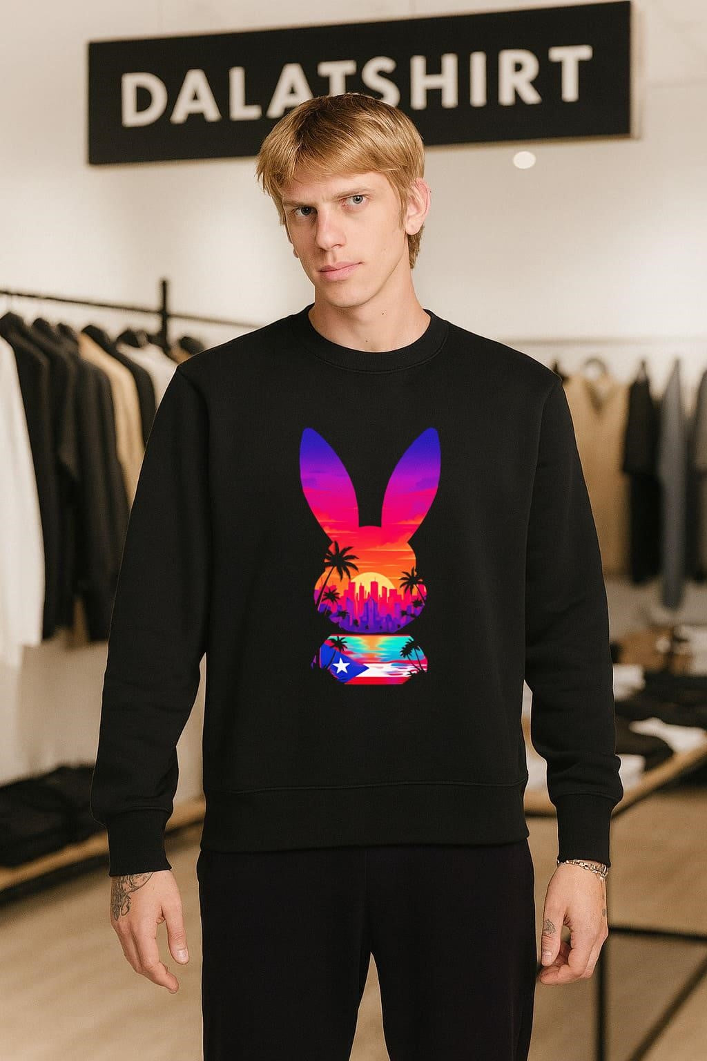 Sunset Cityscape Palm Trees Puerto Rico Flag Bunny Silhouette shirt