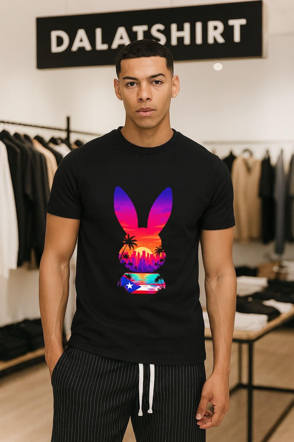 Sunset Cityscape Palm Trees Puerto Rico Flag Bunny Silhouette shirt