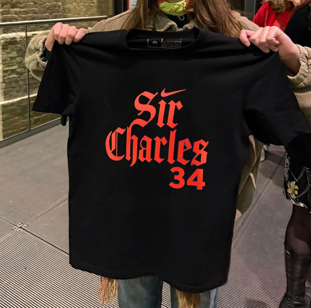 Swoosh Sir Charles 34 Gothic font basketball legend tribute shirt
