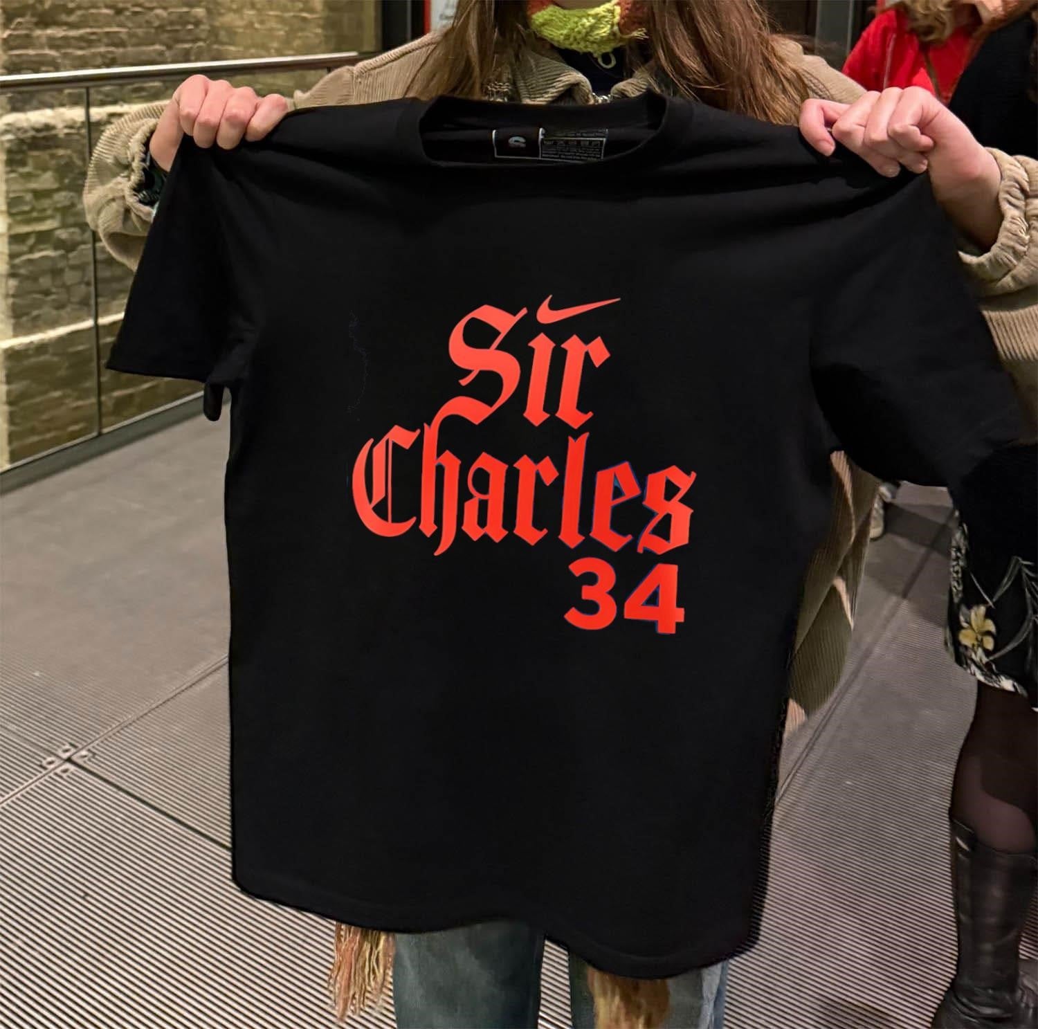Swoosh Sir Charles 34 Gothic font basketball legend tribute shirt