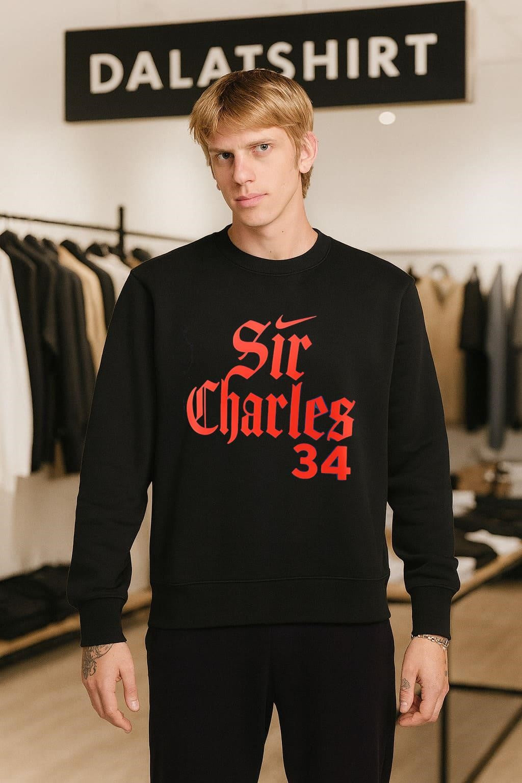 Swoosh Sir Charles 34 Gothic font basketball legend tribute shirt