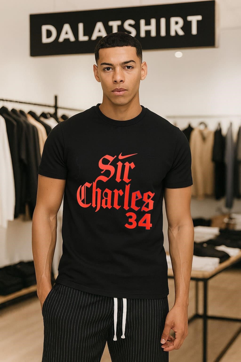 Swoosh Sir Charles 34 Gothic font basketball legend tribute shirt