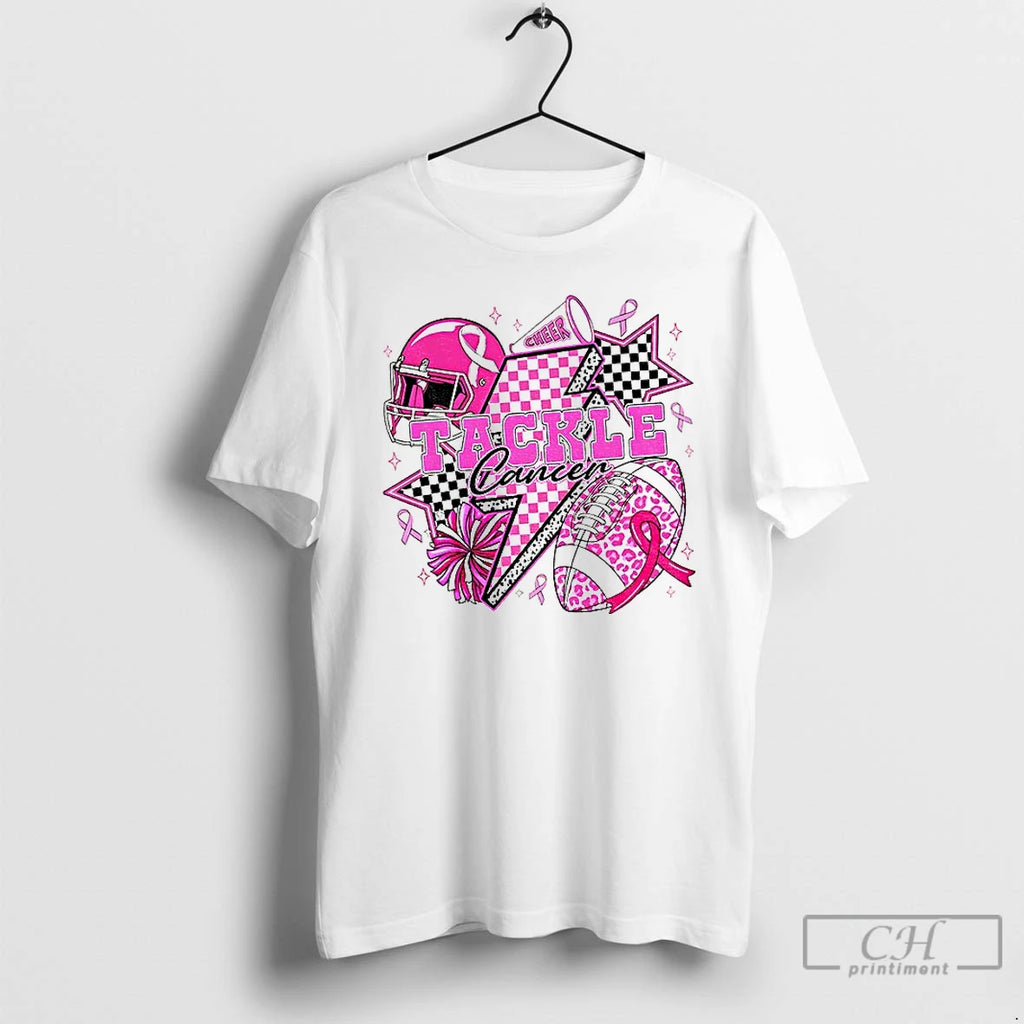 Tackle Cancer Pink Football Cheer Breast Cancer Awareness T Shirts