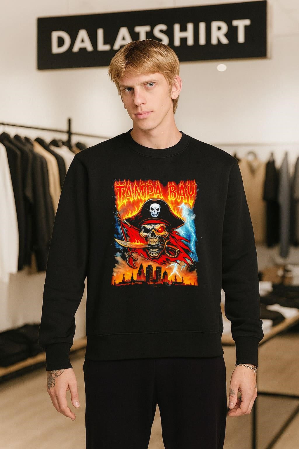 Tampa Bay Pirate Skull Sword Lightning City Skyline Graphic shirt