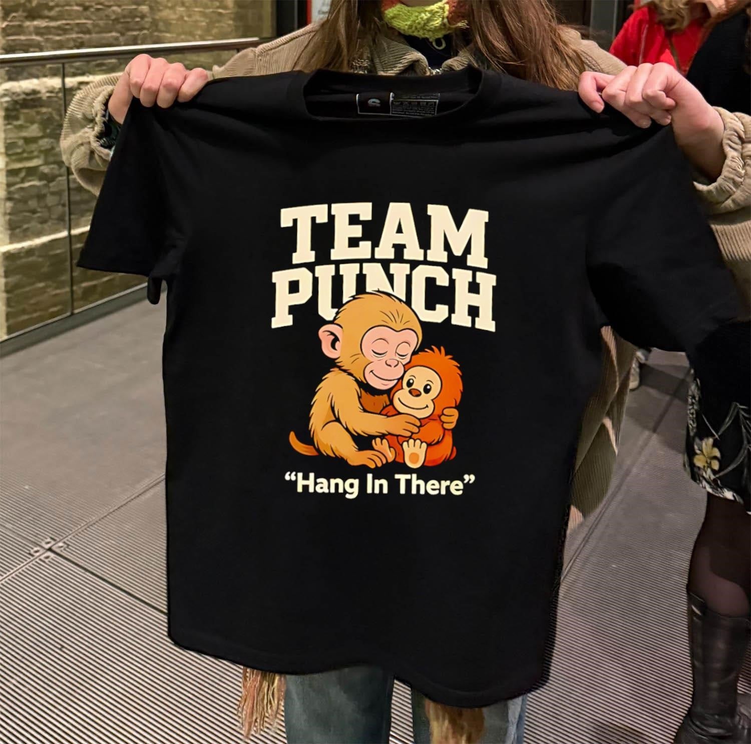 Team Punch Hang In There brown monkey hugging monkey shirt