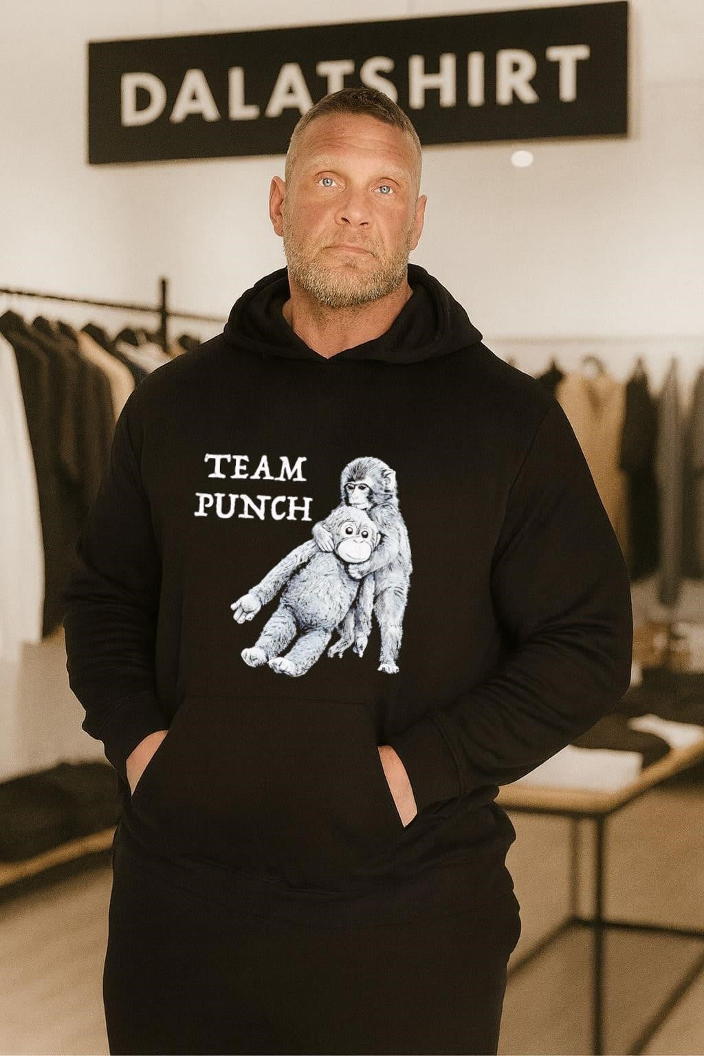 Team Punch monkey holding orange stuffed animal friend shirt